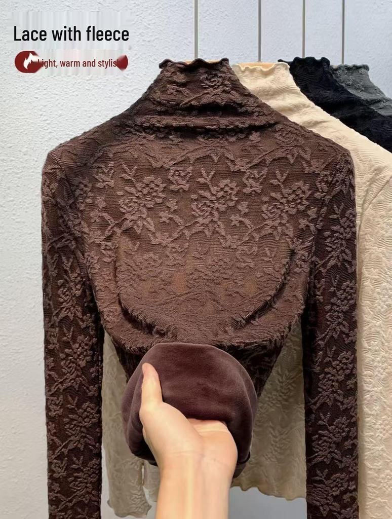 Women's High-Neck Lace Jacquard Base Layer Top - Fleece or Thin-Lined for Autumn & Winter Warmth.