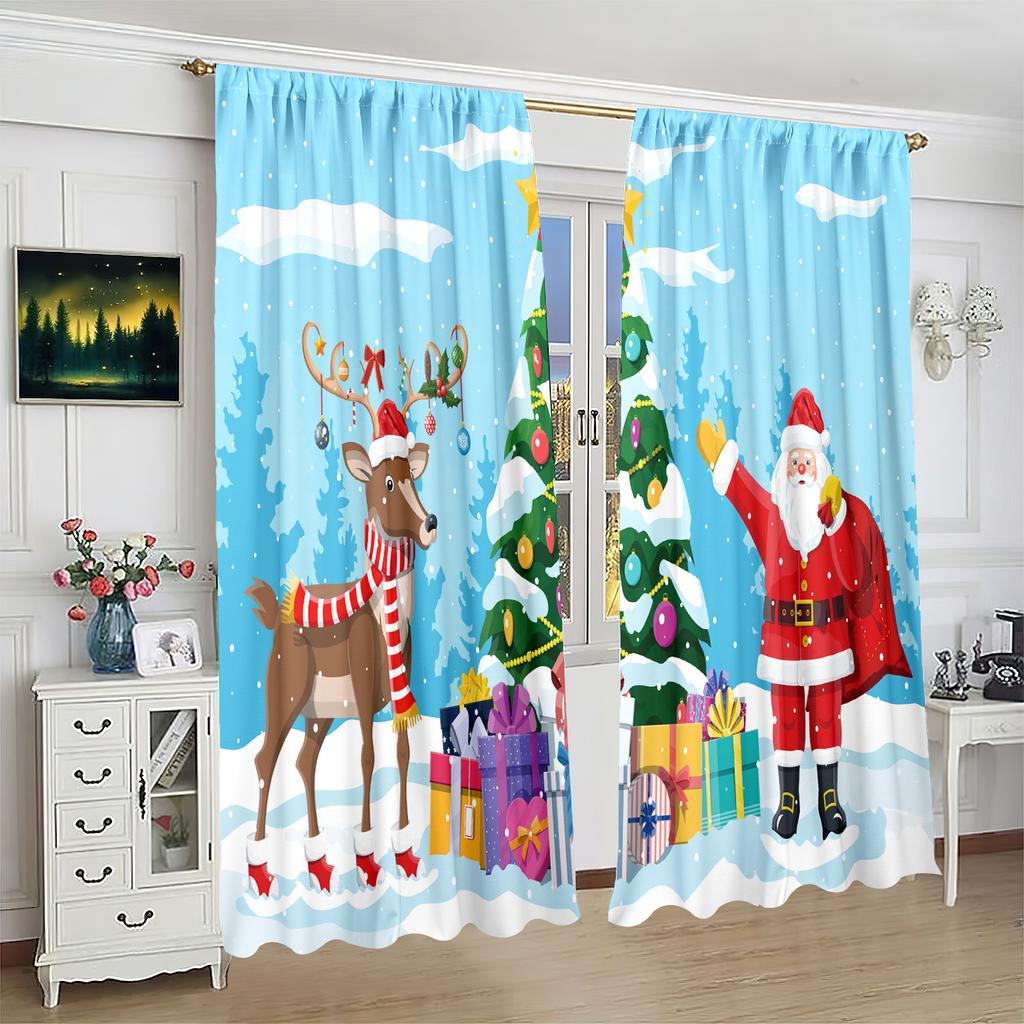 2 Pieces - Christmas - Printed Curtain - Polyester Material - Suitable for Bedroom, Living Room, Study Private Curtain