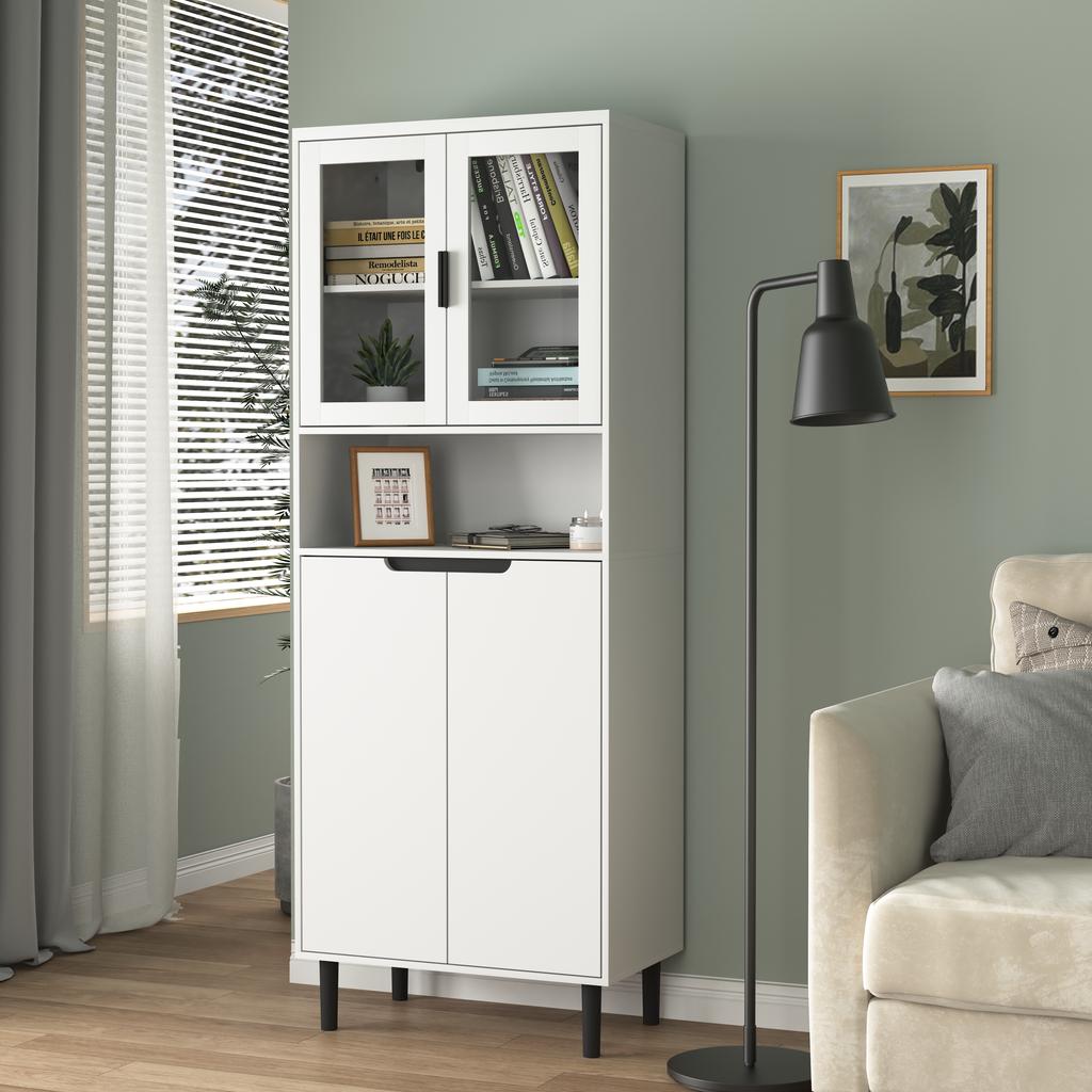Tall Bookshelf with Tempered Glass Door and Adjustable Shelf, 4 Doors, Painted MDF Cabinet, White, Storage for Living Room and Bedroom