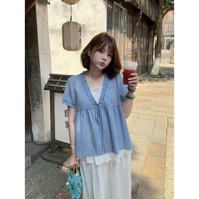 

Maxi Plus Size Women s Clothing Ruffle V-neck Fake Two-Piece Doll Shirt Summer Plus Size Ladies Loose Figure Flattering Short Sleeve Top