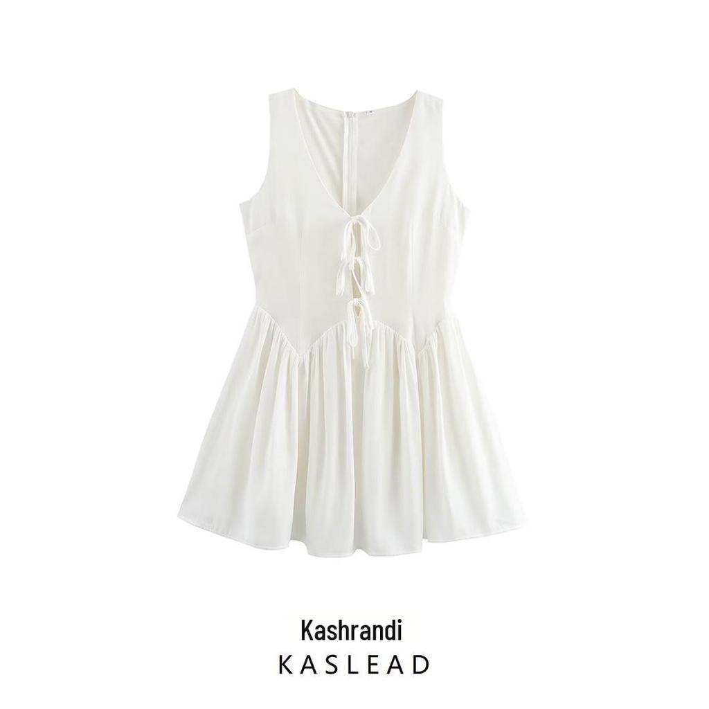 2025 Spring Women's Sleeveless Tie-Waist Dress - European & American Style Fashion with Lining