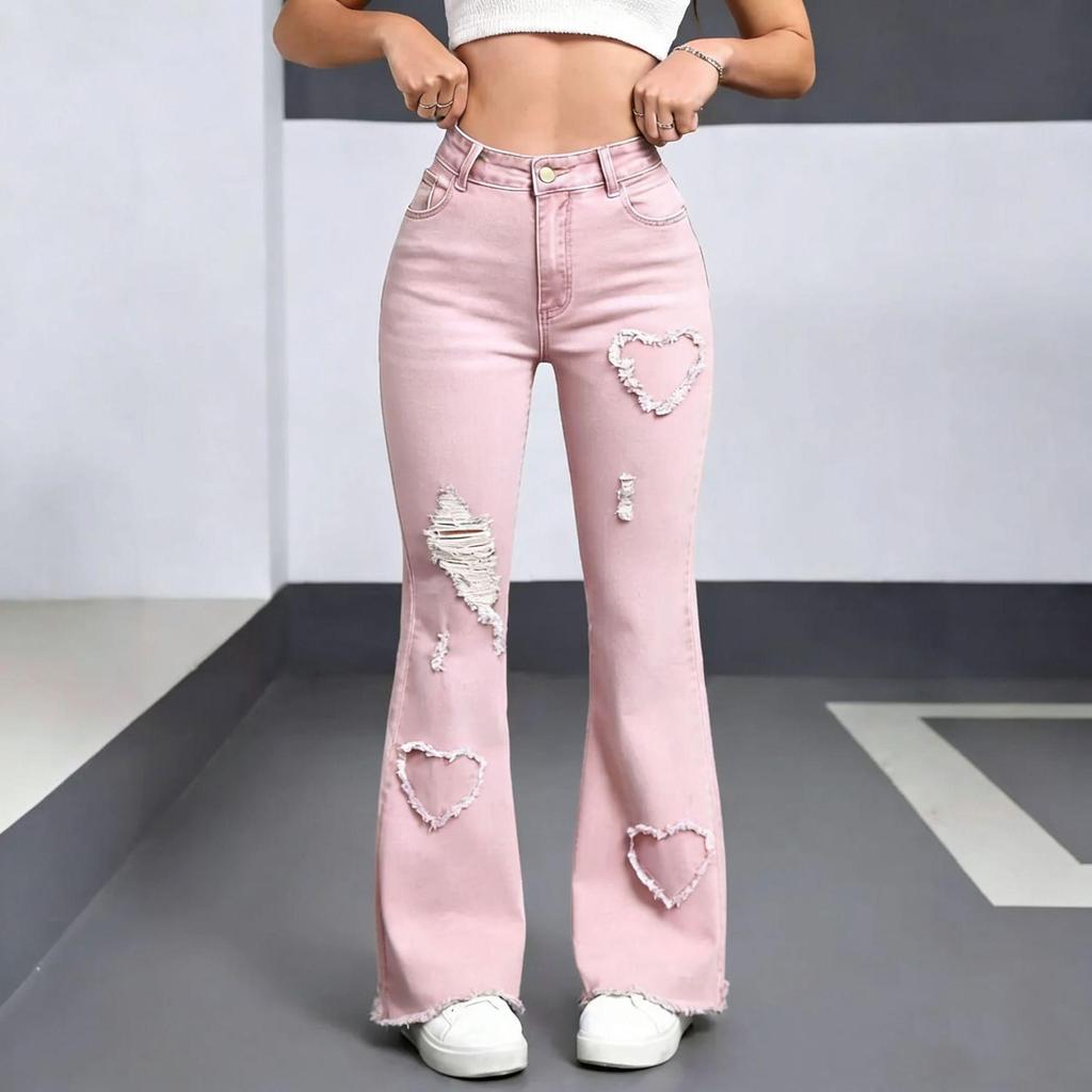 Damen Vielseitige Hell-/Dunkelblaue Schlagjeans mit Modischer Herz-Verzierung und Ripped-Design - Kollektion 2025