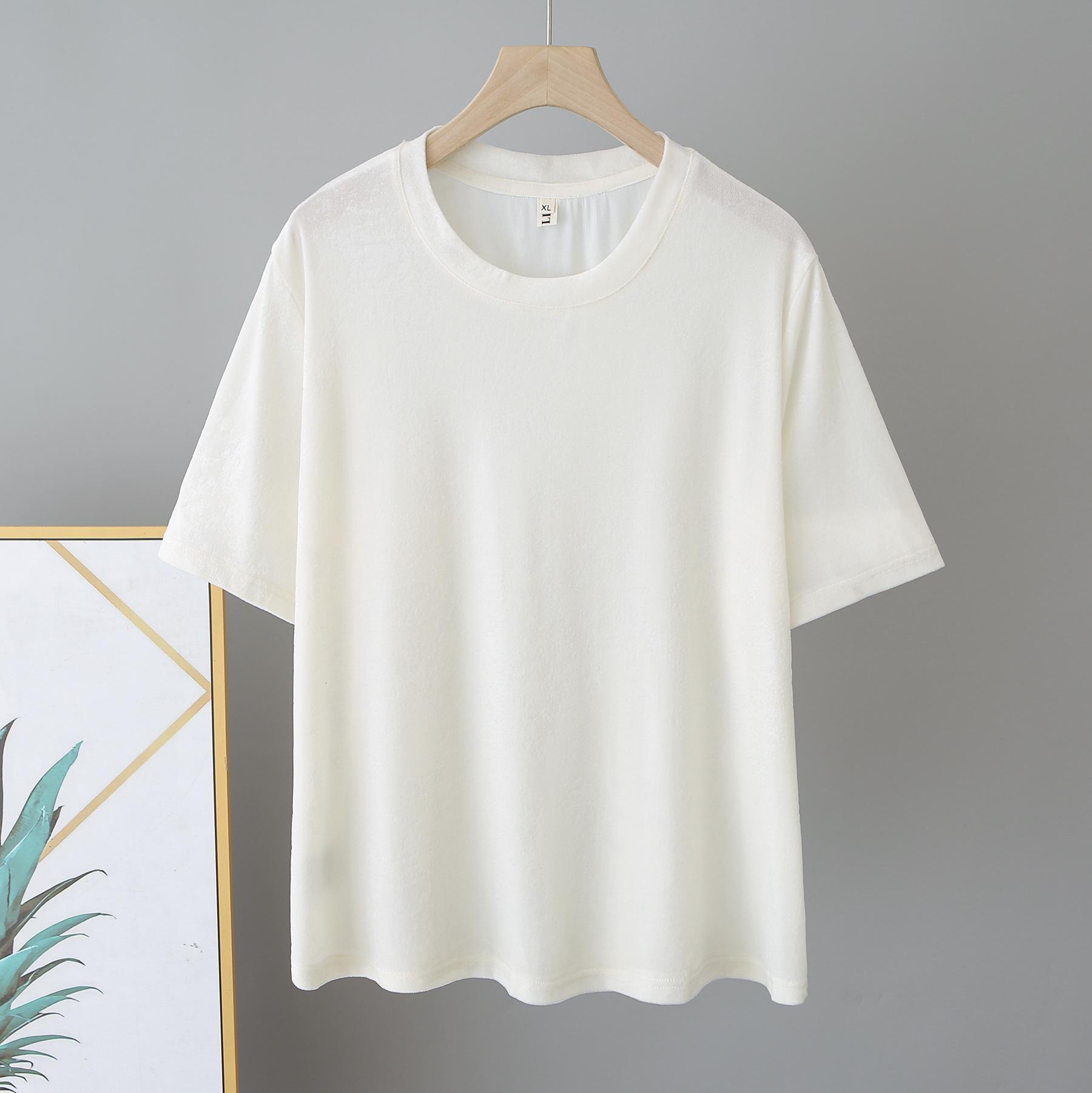 

2026 Plus Size Women s Velvet Jacquard Short Sleeve T-shirt, Round Neck Versatile Top 3XL брудно-білий