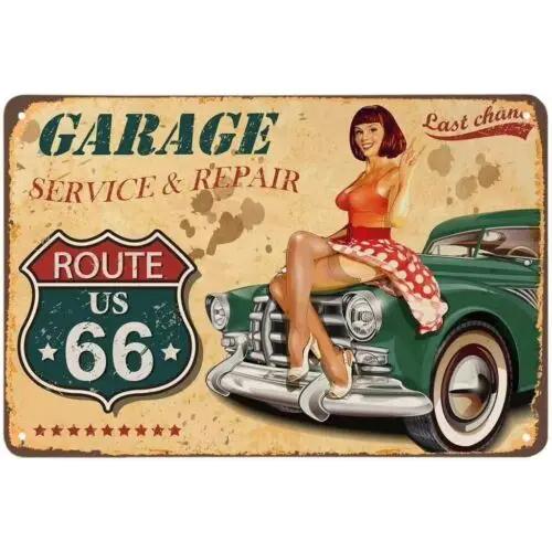 

Route 66 Pin-Up Girl Garage Service Repair Tin Sign Retro Auto Wall Art 20x30cm（7.8x11.8inch）