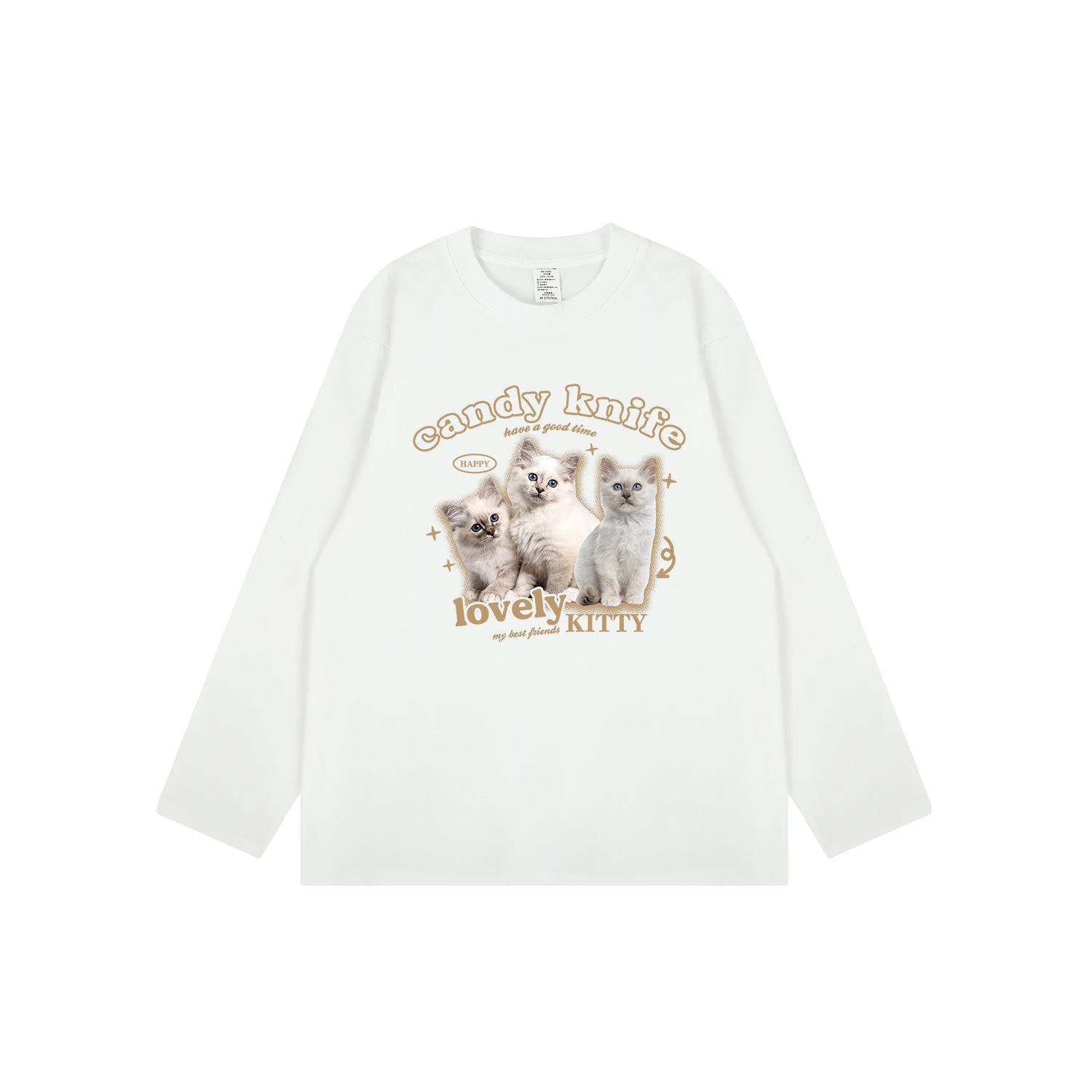 

Adorable Cat Print Retro Japanese-Korean Style Long Sleeve Top 2XL белый