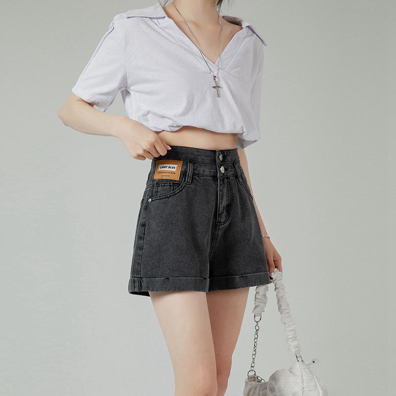 Women's High Waist Denim Shorts - Summer Thin Style, Double Button, Patchwork, Rolled Hem, A-line Wide Leg, Loose Fit, Slimming Hot Pants