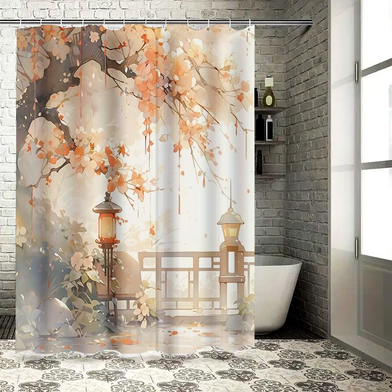 

Elegant Cherry Blossom Shower Curtain With Lanterns For Bathroom Decorative Waterproof Fabric Bath Screen Privacy Protection W60H190(CM)-1 Pcs
