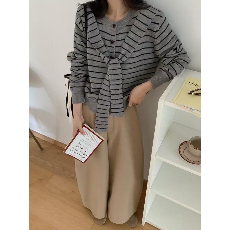 Fake Two-piece Striped Knitted Cardigan for Women's Autumn and Winter New Design Sense Casual Loose Sweater Jacket for Women