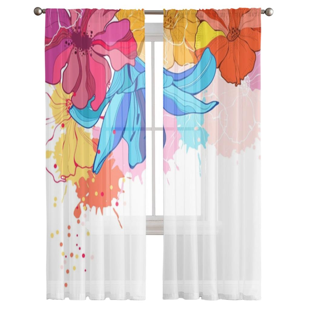 Watercolor Sheer Curtains For Living Room Colored Flowers Bedroom Tulle Curtains Kitchen Window Treatments Panel Drapes