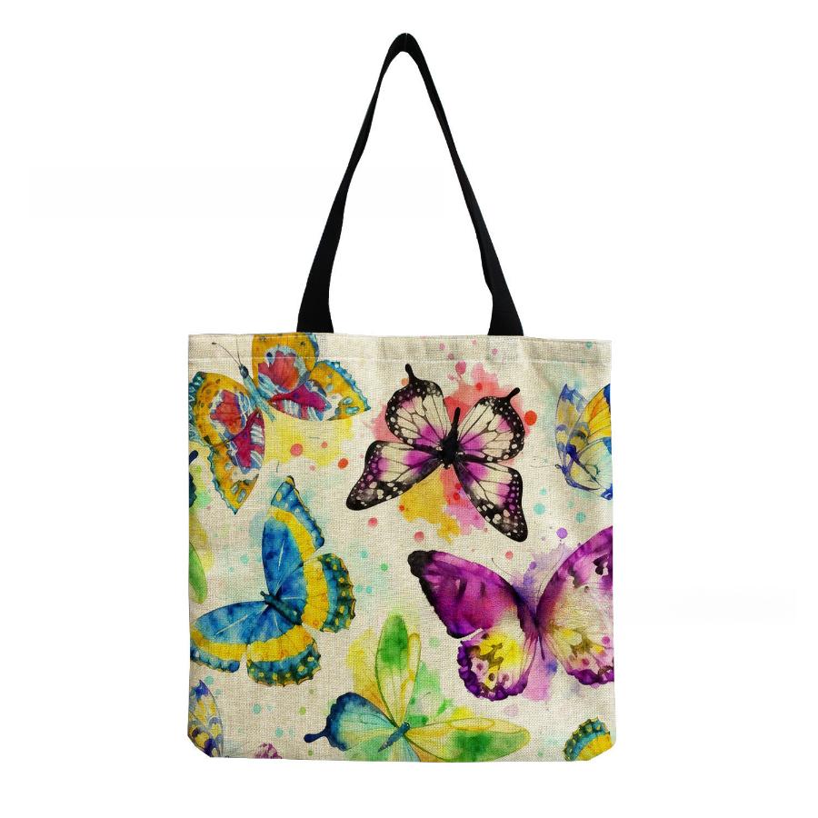 Women Vintage Linen Tote Bag - Large Capacity Butterfly Print Shoulder Handbag for Casual & Grocery Shopping KTB