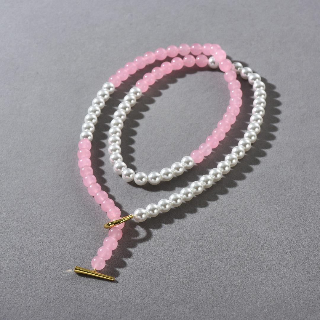 

Stylish And Elegant Powder Crystal Pearl High-End Metal Ot Buckle Long Chain Niche Design Autumn Must Enter Necklace Women