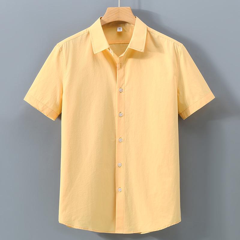 Men's Summer Heavyweight White Short-Sleeve Cotton Shirt - Solid Color Casual Lapel Design