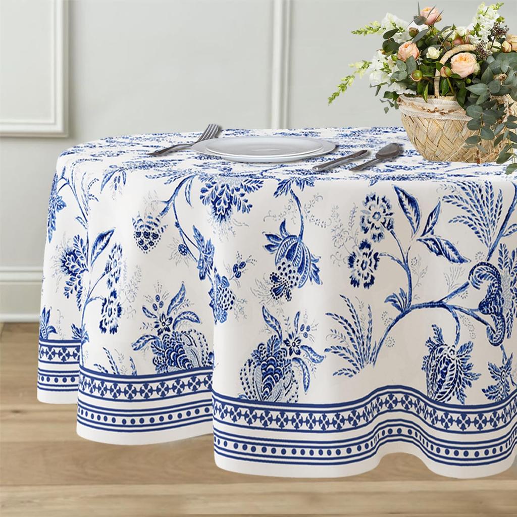 Yighty Round Tablecloth 60x60 Inch, Waterproof Wrinkle Resistant Durable Polyester Table Cover Blue Floral Tablecloth for Indoor and Outdoor, Holiday