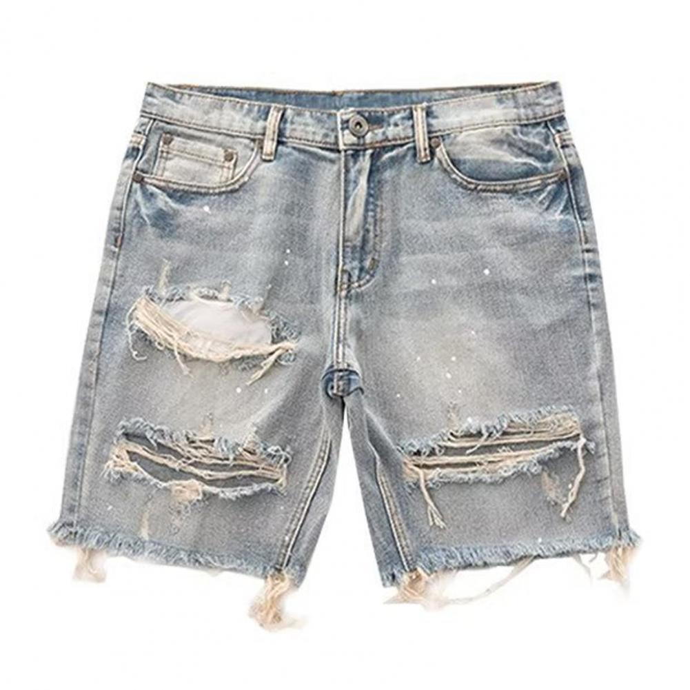 High Street Vintage Distressed Shorts European and American Men s Trendy Washed Frayed Beggar Denim Ins Five-point Shorts XS