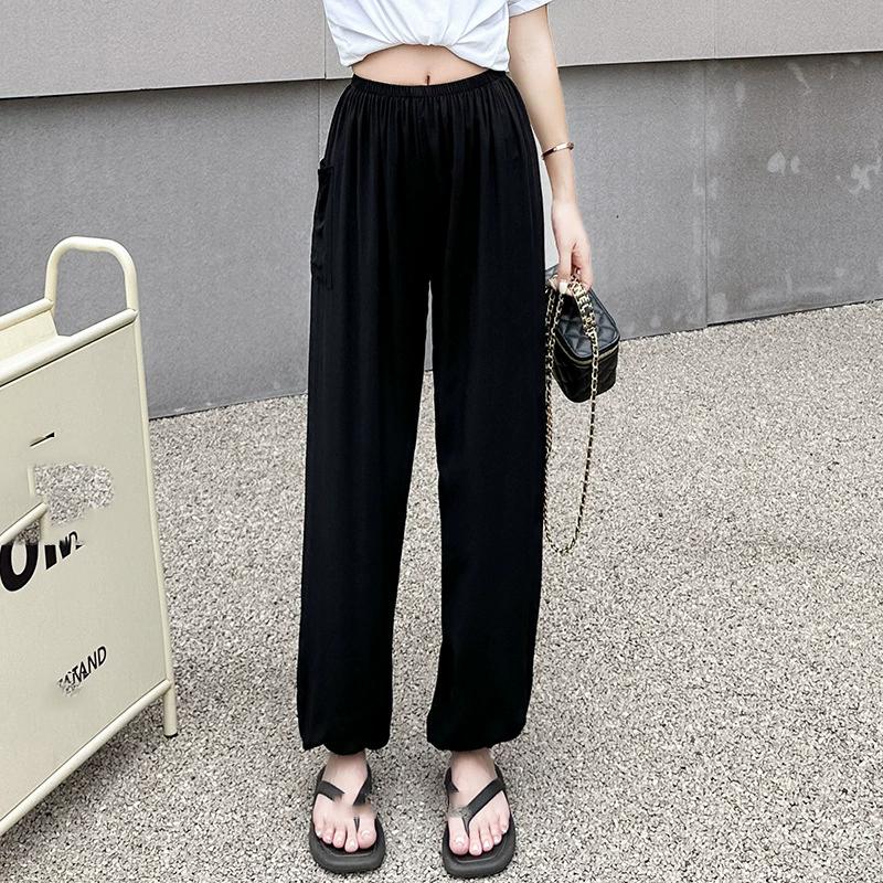 Pantaloni de pijama din bumbac mătase pentru femei, secțiune subțire de vară, anti-țânțari, pantaloni cu picior lat, culoare uni, pentru exterior, casă, petrecere a timpului liber, imprimeu, pantaloni de plajă până la genunchi