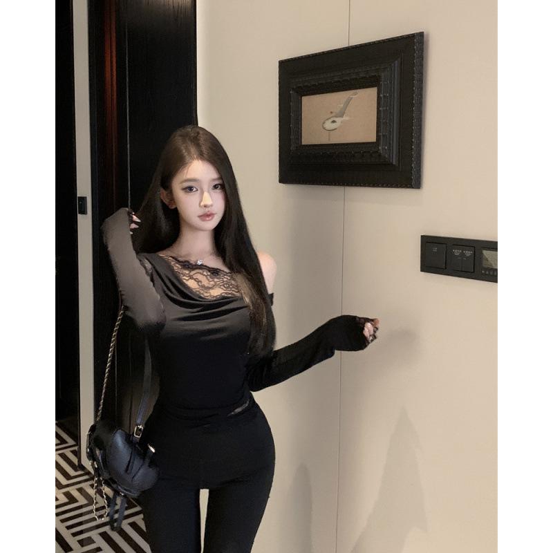 

Чистый и сексуальный кружевной пэчворк, приталенный женский топ с длинным рукавом Medium белый