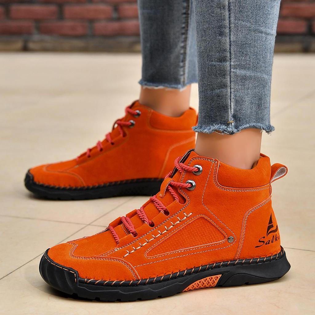 Plus Size Women's Handmade Leather Ankle Boots - Fashionable Stitching, Flat Bottom, Lace-up, Short Casual Shoes