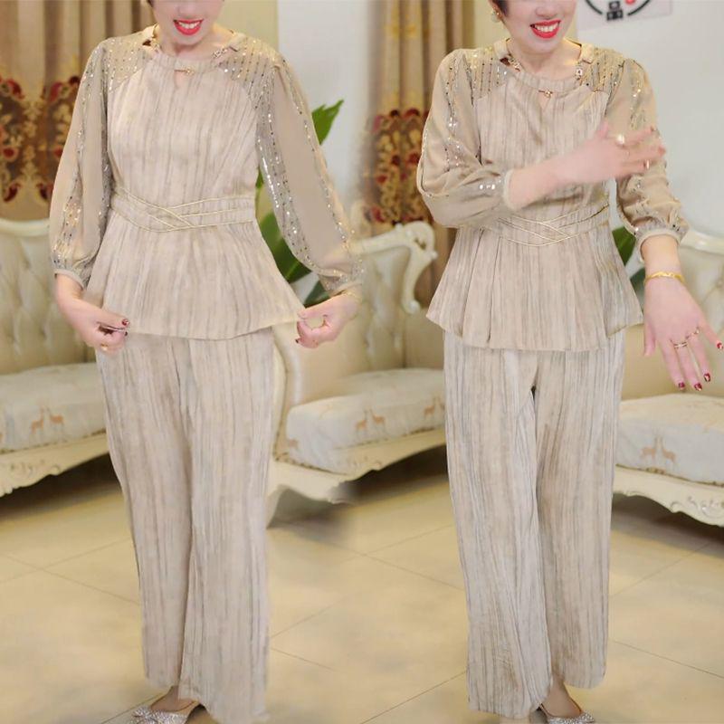 

Весенняя мода 2025 года: Комплект из топа с круглым вырезом и брюк широкого кроя для женщин среднего возраста XL (115-125 Jin)