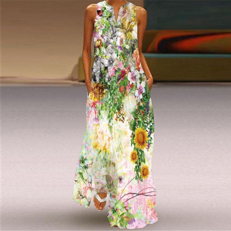 2026 New Summer Women s Sleeveless Long Dress V-Neck Printed Floral Dress European and American Cross-Border Foreign Trade Women s Clothing 1Lcq-72 S