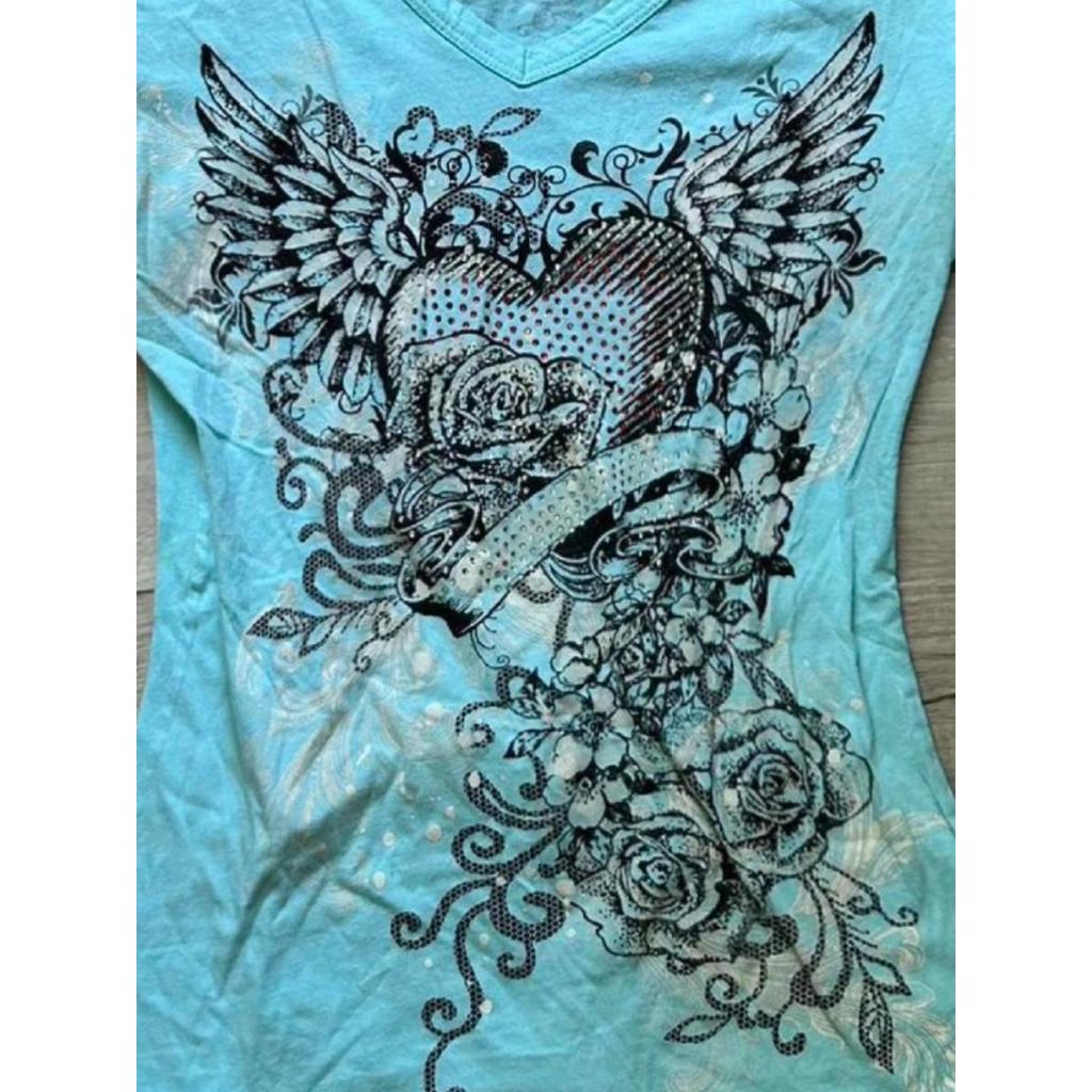 TrendHub Y2k Estetyka Vintage Kwiatowe Skrzydła Nadruk Koszulka Grunge Gotycka Damska Krótki Top Letni Dopasowany Harajuku Dekolt V Koszulka Femme Streetwear