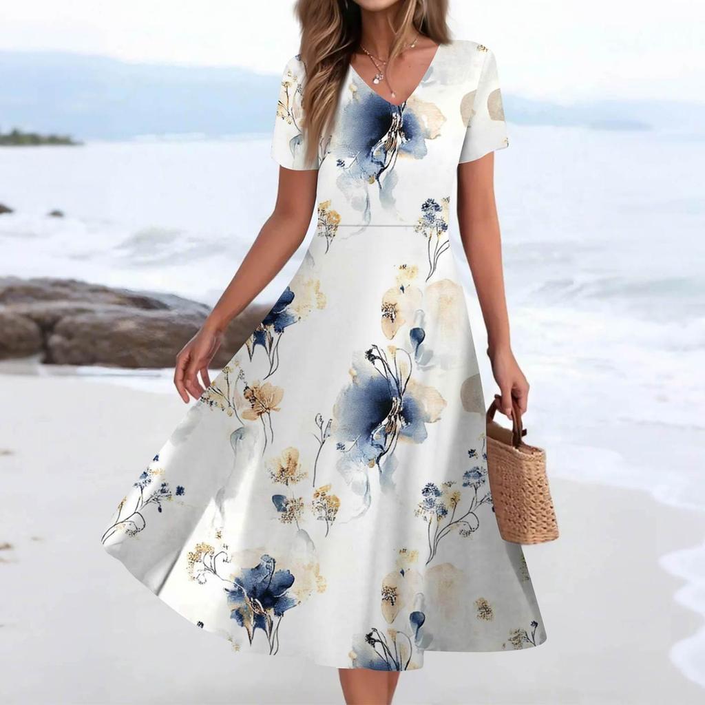 Women's Summer Casual Fashion Print Pocket Short Sleeve V-Neck Swing Dress