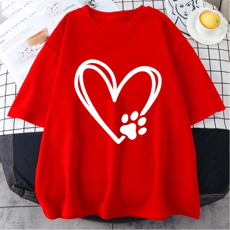 Heart Dog Footprint Print Short Sleeve T-shirt Women's Slight Stretch Round Neck Loose Casual Tee Summer T Shirt for Women
