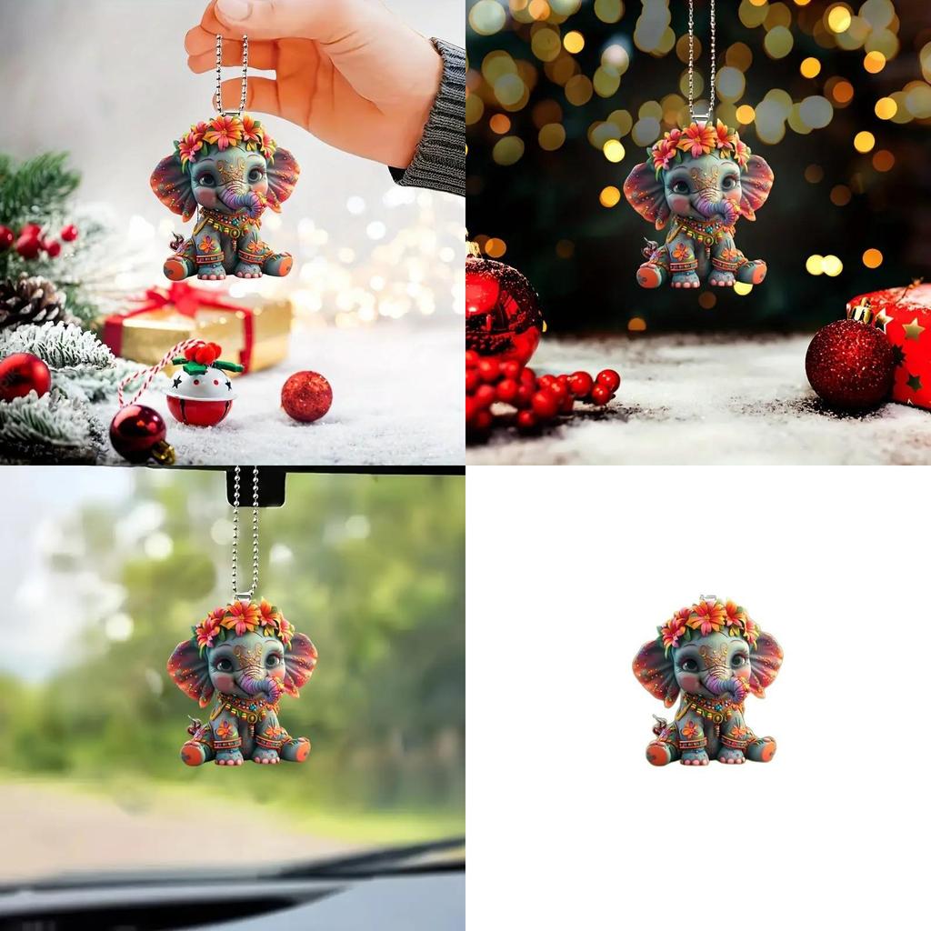 Cute Cartoon Flower Elephant Pattern Acrylic Pendant For Vehicle Interior Decoration