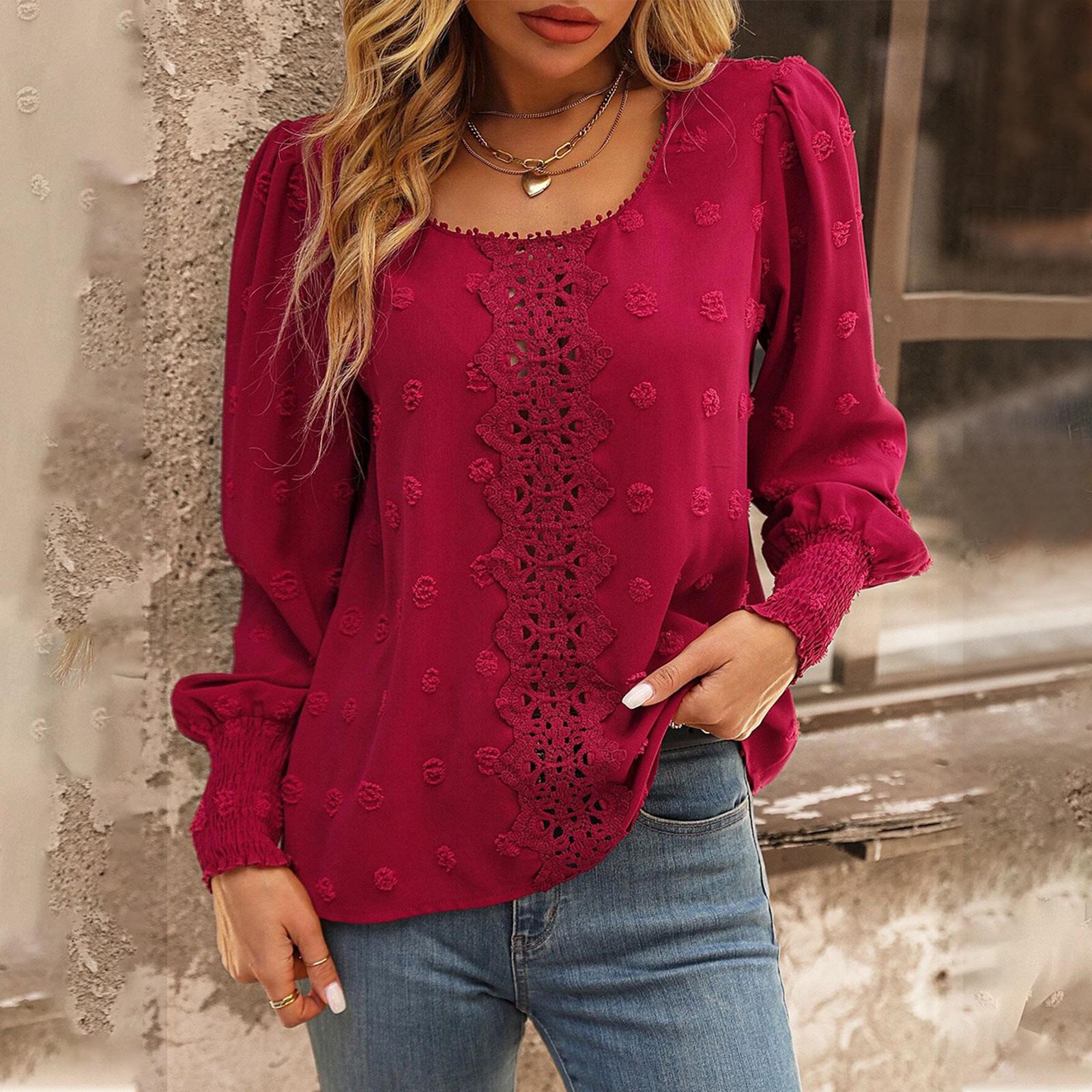 

Женская кружевная рубашка с круглым вырезом и рукавами-пузырьками в горошек, чтобы передать темперамент