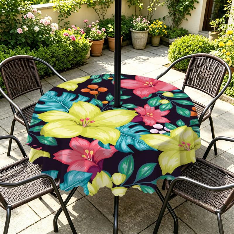 Outdoor Round Tablecloth With Umbrella Hole Waterproof Oil Resistant Floral Leaf Patio Garden Deck