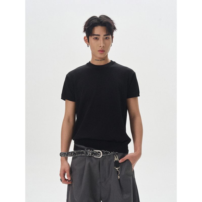 Kisko Simple Basic Round Neck Ice Silk Boxy Knit Short-Sleeve T-Shirt for Men and Women, Summer High-End Loose Fit Trendy Tee