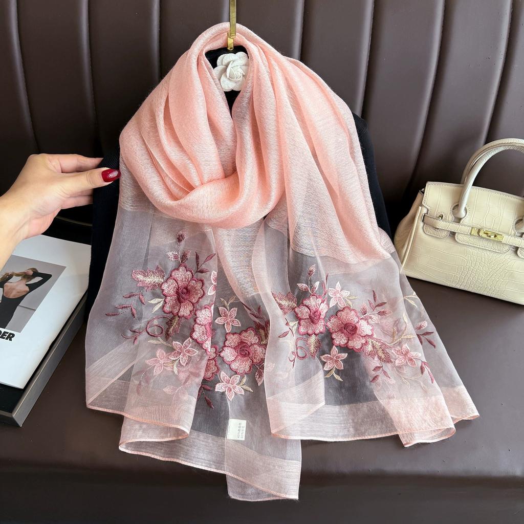 Damen Seidenwollschal Floralstickerei Hijab Damen Foulard Frühling Sommer Dünne Pashmina Schals Wickel Bufanda Kopftuch
