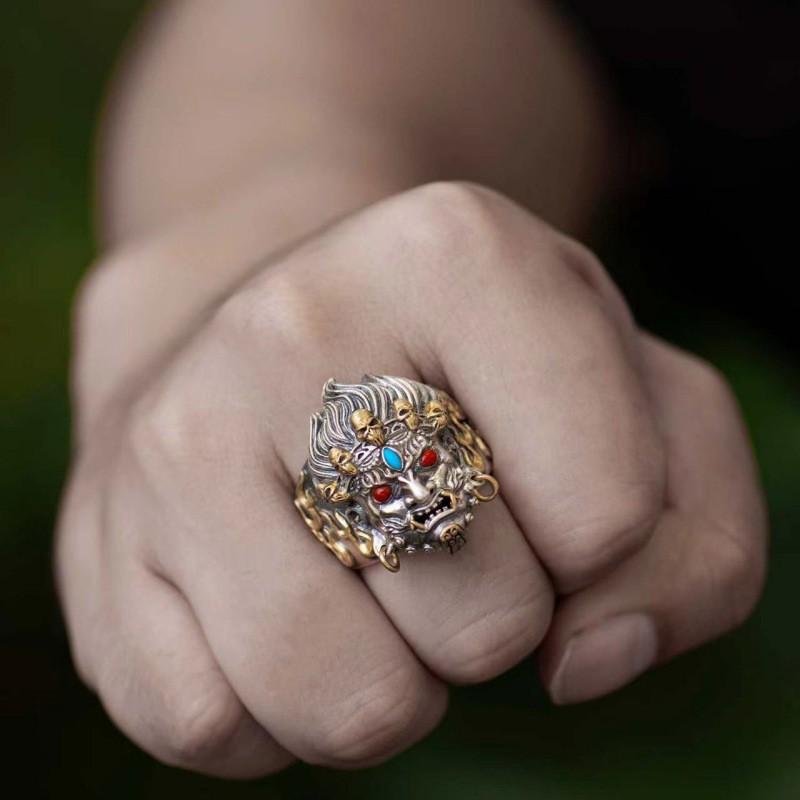 Hand Carved Adjustable Open Ring With Mahakala Totem Design Men Women Vintage Ethnic Style Plated Jewelry