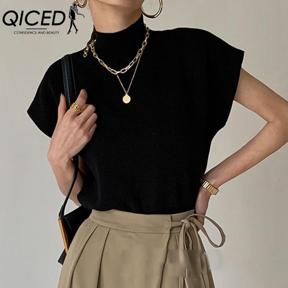 QICED Women's Fashion Casual Solid Color Print Short Sleeve Blouses & Shirts