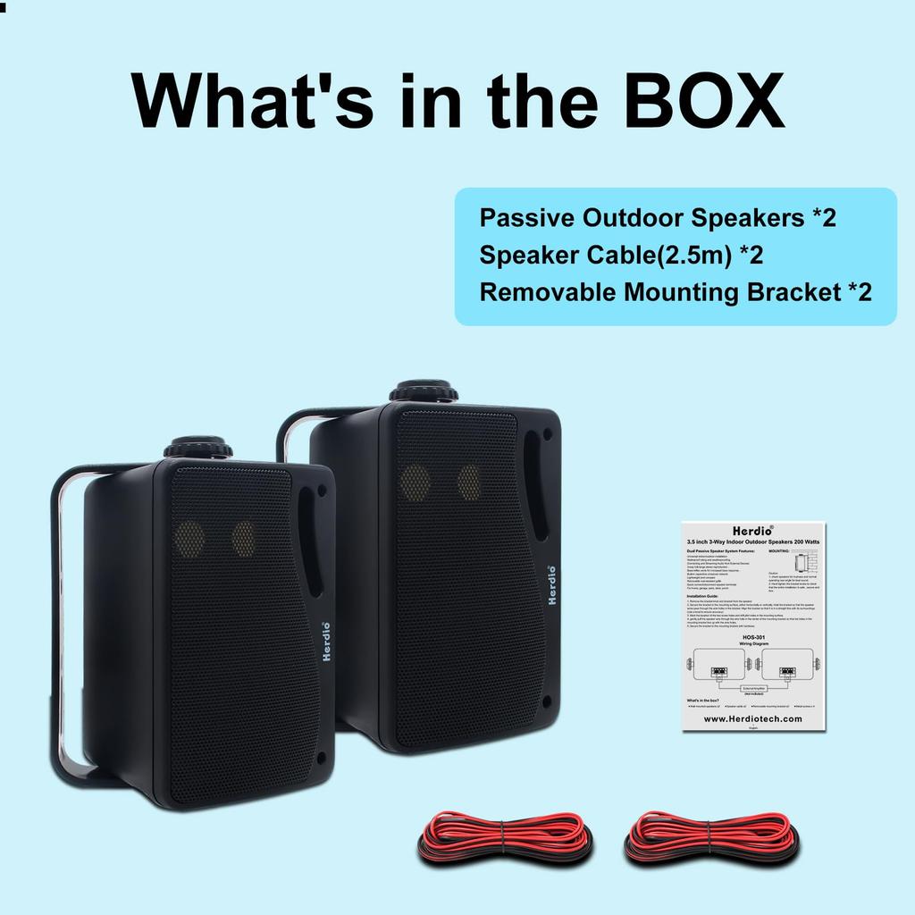 Herdio Passive Outdoor Wired and 200W Premium Speaker Weatherproof and Durable for and Indoor Use 3.5-inch Speakers, Waterproof, 3-Way Wall-Mount