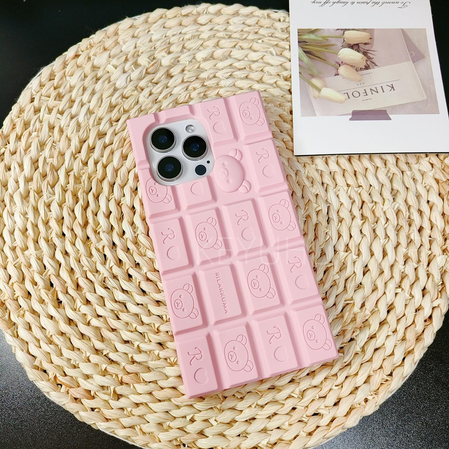 

For iPhone 16 15 14 13 12 Pro Max 16Pro Newest Leather Rope Strap Rilakkuma Chocolate 3D Cartoon Phone Case Silicone Cover For iPhone 14Pro