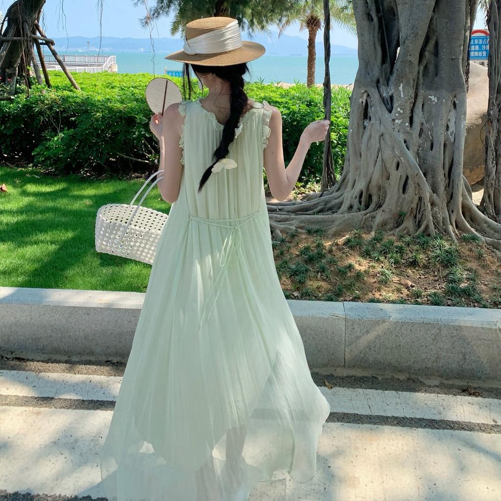 Seaside gentle temperament light green chiffon suspender dress women's summer small loose a word holiday dress