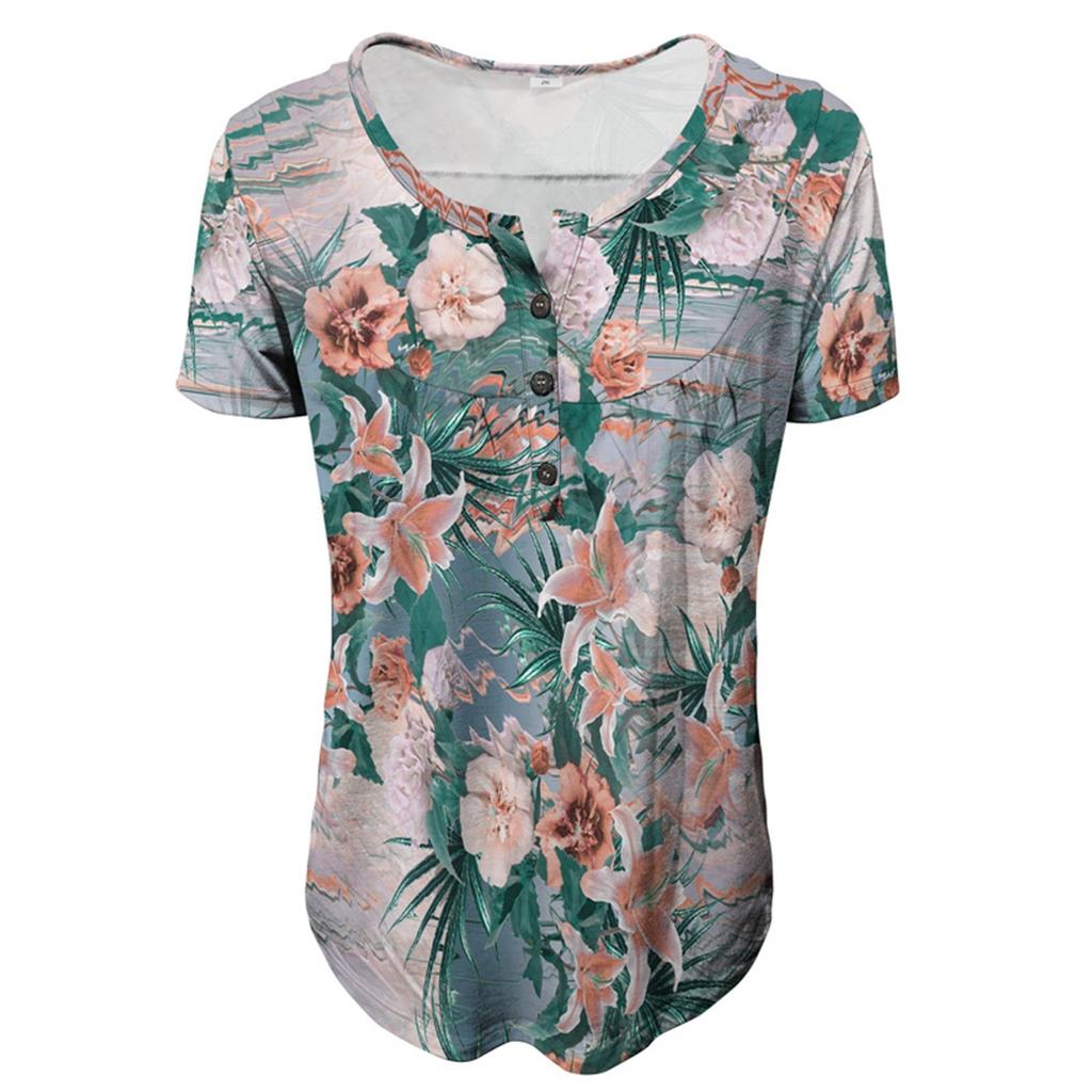 Women's Short Sleeve Tunic Loose Tops Casual Plus Size Tops Pleated Tunic Button Casual Summer Floral Tie Tops For Women