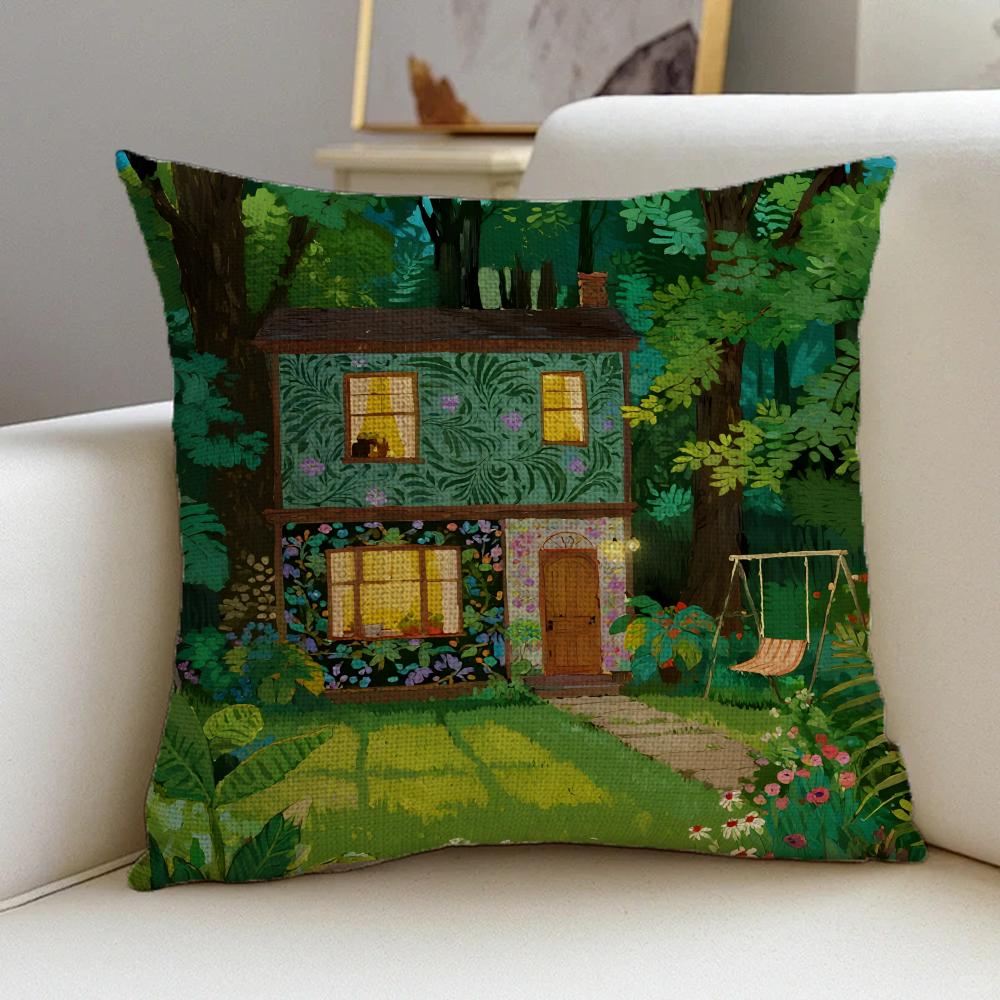 M-Cabin In The Woods Cushion Cover Natural Linen Pillowcase Set, All-In-One Decor For Sofa, Bedroom & Chair Peach skin 18*18(CM)-1Pcs