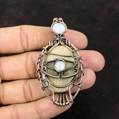 Evil Eye Fossil Koralle Edelstein Kupfer Gewickelter Anhänger Regenbogen Mondstein Handgefertigter Anhänger Evil Eye Schmuck Draht gewickelt Schmuck Geschenk für Sie