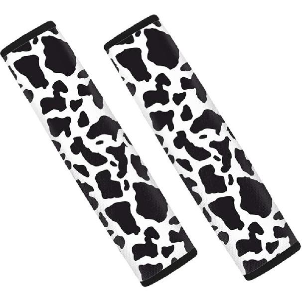 Bulopur 2pcs Cow Print Car Seat Belt Cover Pads, Milk Cow Skin Anti-Slip Shoulder Strap Protectors,Black White Universal Auto Seat Straps for Black White Cow Print