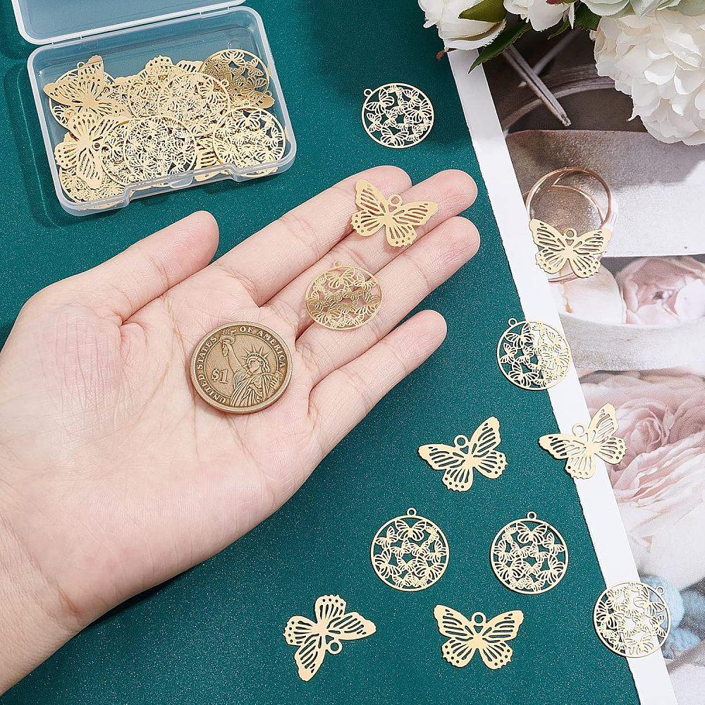 40Pcs 2 Styles 201 Stainless Steel Filigree Pendants Etched Metal Embellishments Butterfly Real 18K Gold Plated 22.5x20.5x0.4mm Hole: 1.5mm