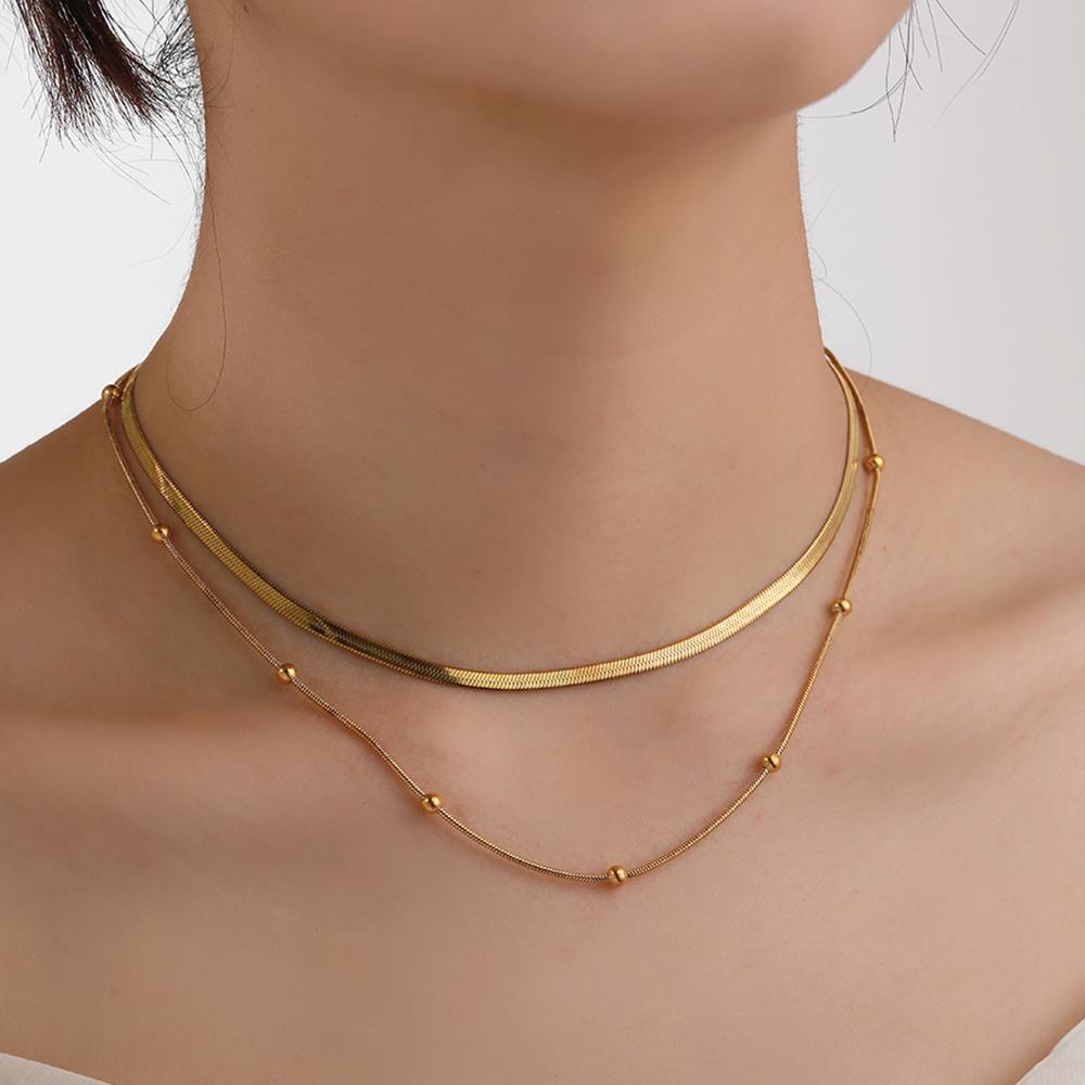 316L Stainless Steel Simple 2 Layer Circular Bead Snake Bones Chain Ladies Necklace Fashion Exquisite