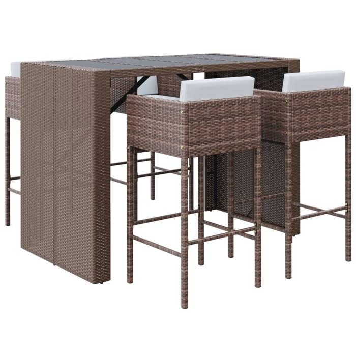 VidaXL Ensemble de bar de jardin avec coussins 5 pcs marron poly rotin, ensemble de table de bar, table et chaise de bar, 3200666