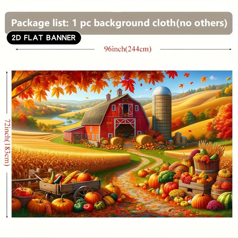 2D flat banner, autumn harvest farm scene background -8x6 feet polyester wall decoration with bright red barn and pumpki