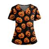 Women's V Neck Short Sleeve Medical Scrub Top with Double Pockets Side Slit Hem Halloween Print Nurse Uniform Shirt