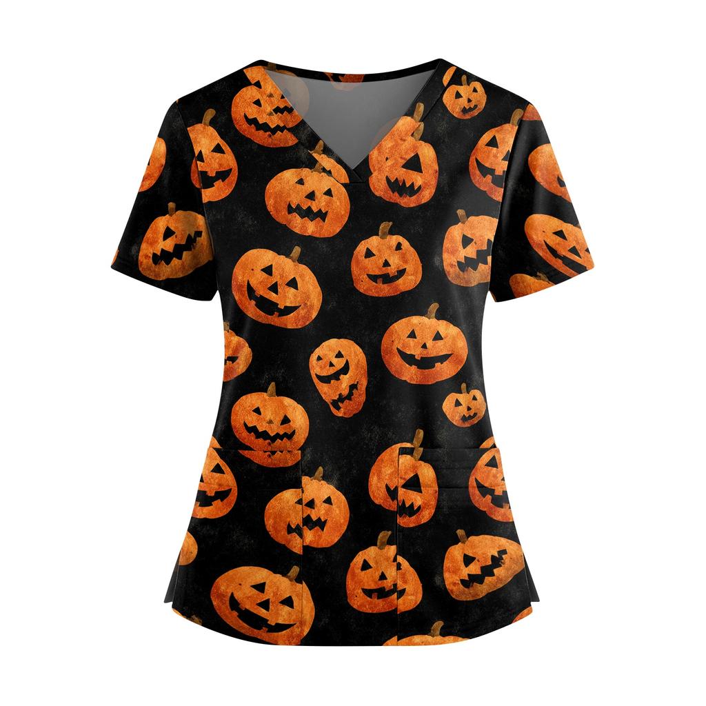 Women's V Neck Short Sleeve Medical Scrub Top with Double Pockets Side Slit Hem Halloween Print Nurse Uniform Shirt