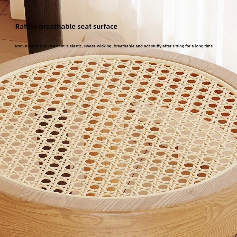 Rubberwood Home Stool Breathable Rattan Dining Chair Natural Wood Dining Stool Stackable Mid-Century Living Room Chair