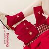 Red Sock Children's Pure Cotton Mid-calf Socks, Retro Style, Dark Red Embroidery, Suitable for Weddings and New Year Celebrations.