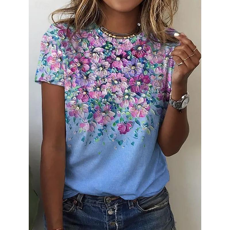 Women s T Shirt Print Floral Casual Short Sleeve Round Neck Regular Tops Daily Blue Pink Green Summer S