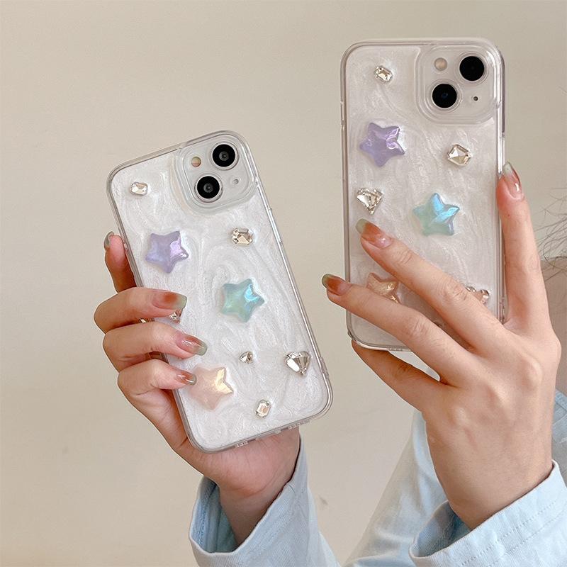 Small Fresh Ins Style Mobile Phone Case for Apple 17Pro Colorful Five-Pointed Star for IPhone16 Rhinestone Gemstone Precision Hole